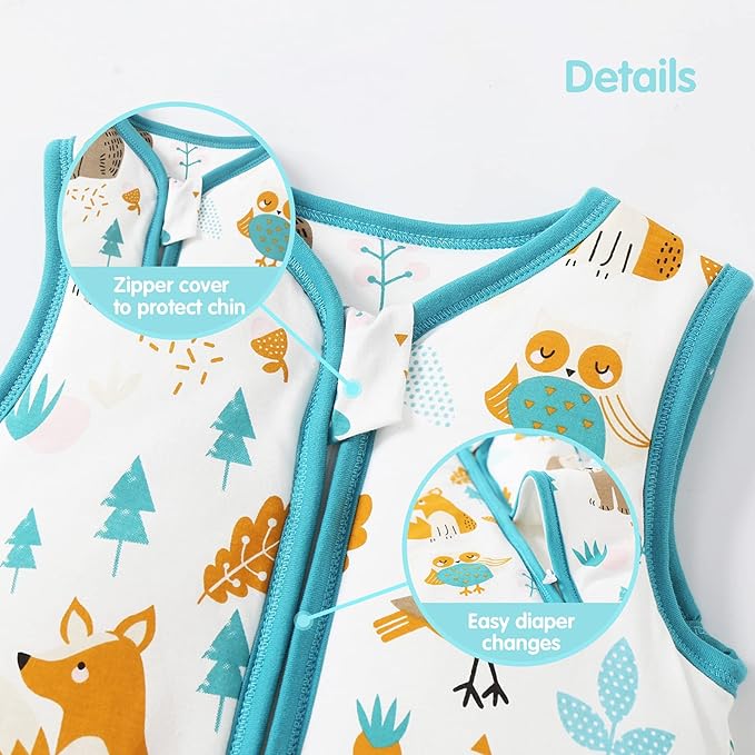 Mosebears Sleep Sack Baby Winter Wearable Blanket with 2-Way Zipper,2.5 TOG Cotton Sleep Sack Unisex (Animal World, 0-6 Months)