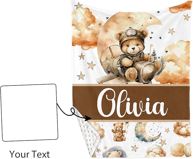 Personalized Baby Crib Bedding Set, Custom Name Balloon Bear Baby Bedding 2-Pcs Set - Soft Double Layer Dotted Blanket and Fitted Sheet, Nursery Bedding for Newborn Boys Girls, Perfect Shower Gift