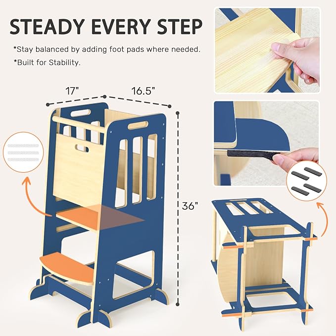 WINGYZ Toddler Tower – Adjustable Step Stool Helper for Kids 18M–6Y, Kitchen Learning Stool with Safety Rail, 3-Height Adjustable, Sliding Door, Full Support Foot, Wooden Updated Design, Dark Blue