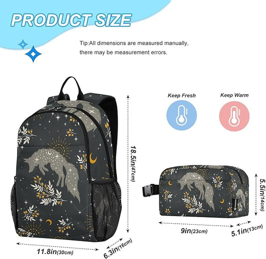 Jucciaco Magical Fox Stars Moons Boho Backpack with Lunch Bag, School Backpack for Teens Boys Girls Kids Travel Backpacks Set