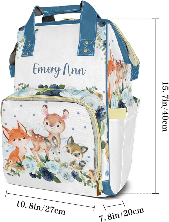 Personalized Boy Woodland Forest Navy Blue Floral Custom with Name Diaper Bag Backpack For Baby Boy Girl Dad Mom Unisex for Adult Daypack Holiday Gift