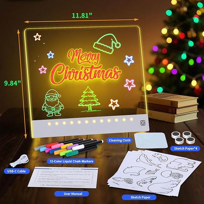 Rechargeable LED Drawing Board for Kids with Tracing Pages, Lumi Board Magnetic Light Up Acrylic Dry Erase Board, LED Note Board with 4 Magnets, Valentines Day Gifts Toy for Kids/Girls