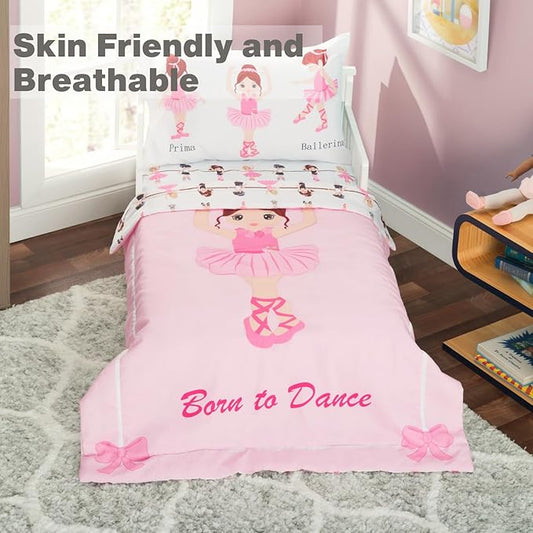 EVERYDAY KIDS 4 Piece Toddler Bedding Set -Born to Dance Ballerina- Includes Comforter, Flat Sheet, Fitted Sheet and Reversible Pillowcase