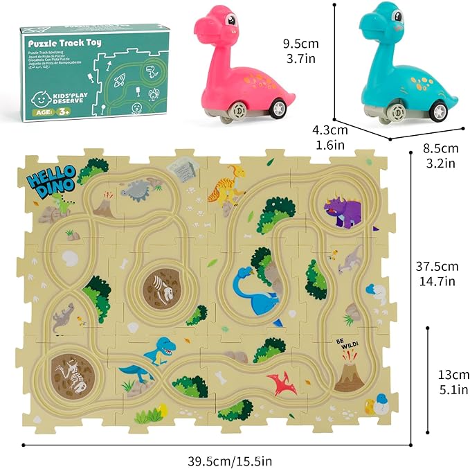 Puzzle Racer Kids Car Track Set with 2 Dino Cars, Kids Toys Boys 3-5, Toys for 3 4 5 6 Year Old Boys, Toys for Ages 3-4, Car Tracks for Toddlers, Montessori Toys for 3+ Year Old