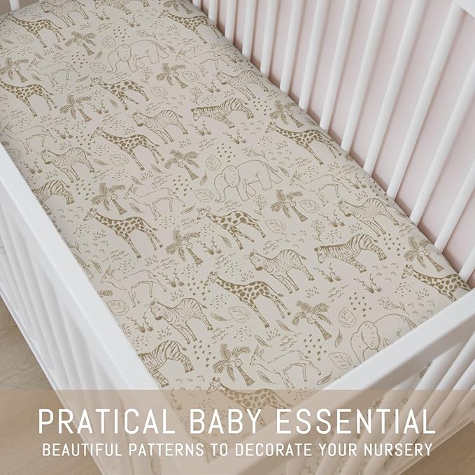 Cute Animals Safari Baby Crib Sheets for Boy Girl Boho Giraffe Zebra Elephant Trees Leaves Soft Snug Fitted Crib Mattress Covers for 52''x28'' Standard Crib & Toddler Mattress Wild Animals Bed Sheets