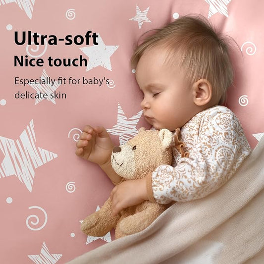 Baby Mini Crib Sheets Girl, Portable 38”x26” Pack and Play Sheets Fitted for Playard and Pack N Play Mattress, 3-Pack Soft Microfiber Pink Stars