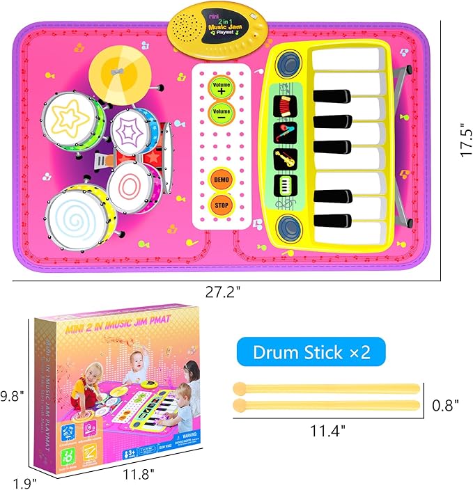 2-in-1 Musical Mat Toys for 1 2 3 4 5 Year Old, Piano Keyboard & Drum Set with 2 Drum Sticks, Early Educational Musical Learning Toys Birthday for 1 2 3 4 5 Year Old Girls & Boys, Pink