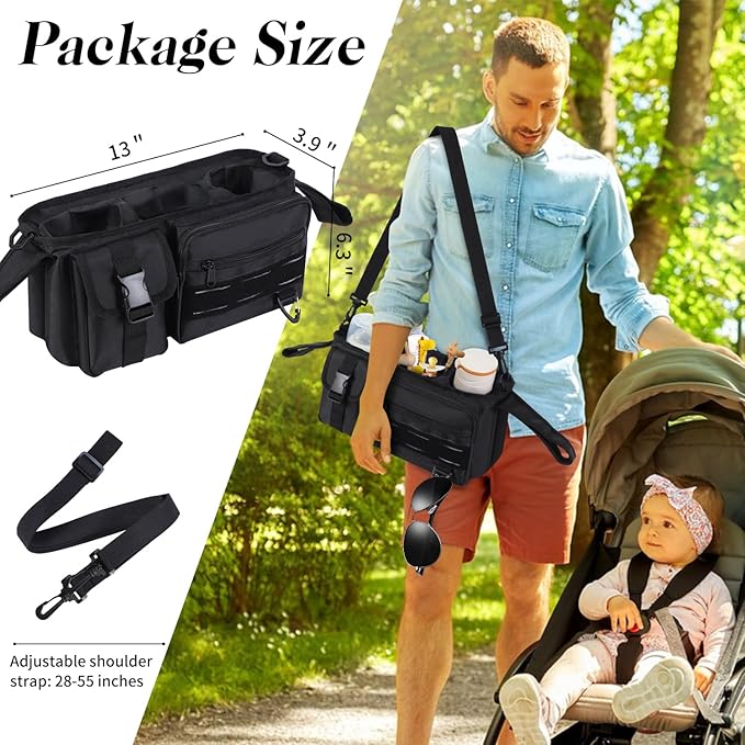 Stroller Organizer with Insulated Cup Holder,Universal Toddler Stroller Organizer Bag Caddy,Zippered Pockets for Phone,Adjustable Straps,Stroller Accessories,for Men,Women,(Balck)