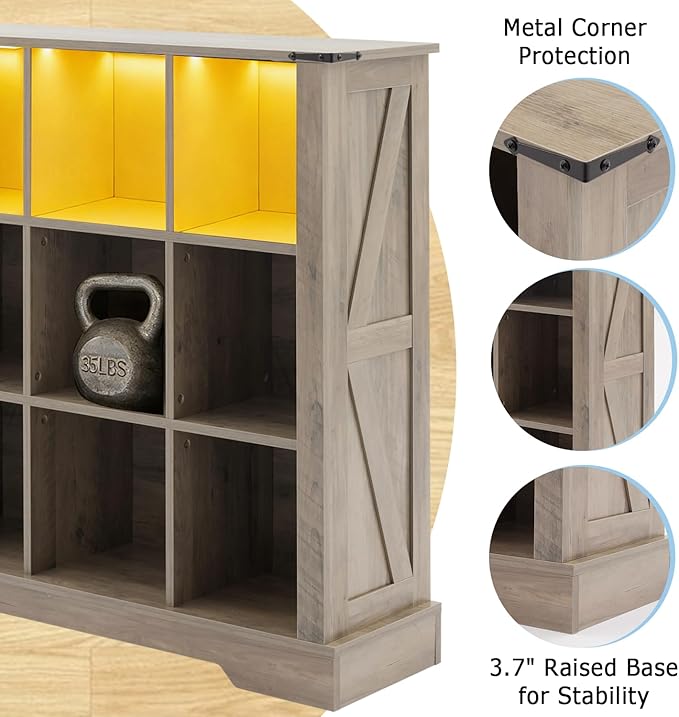 Puntogen 9 Cube Storage Organizer, Wood Cube Bookshelf with LED Lights, Horizontal Storage Cubes, Kids Bookshelf, Display Cabinet Cubby Shelf for Living Room Home Office Bedroom,Grey