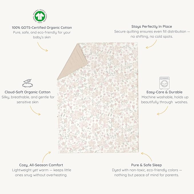 MakeMake Organics Organic Twin Comforter GOTS Certified Organic Kids Blanket Cotton Infill Tufted - Reversible Ultra Soft Breathable Boys Girls (68"x88", Blossom + Solid Taupe)