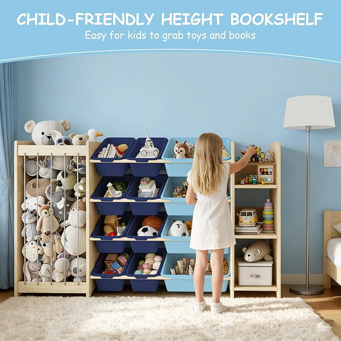EXPERLAM 3-in-1 Toy Storage Organizer, Stuffed Animal Holder & 3-Tier Bookcase, Solid Wood Toy Organizer with 12 Storage Bins, Space-Saving Toy & Book Shelf for Kids Rooms, Bedroom, Playroom, Blue