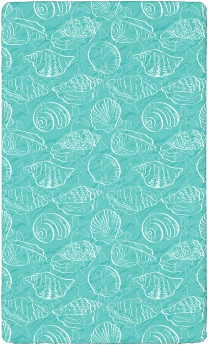Sea Shells Themed Fitted Crib Sheet,Standard Crib Mattress Fitted Sheet Soft Toddler Mattress Sheet Fitted-Baby Crib Sheets for Girl or Boy,28“ x52“,Seafoam White