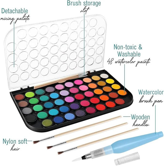 Watercolor Paint Set- 48 Colors Washable Water Paint with Palette, 3 Brushes & Refillable Water Brush Pen, Non Toxic, for Kids, Beginners, Adults & Artists