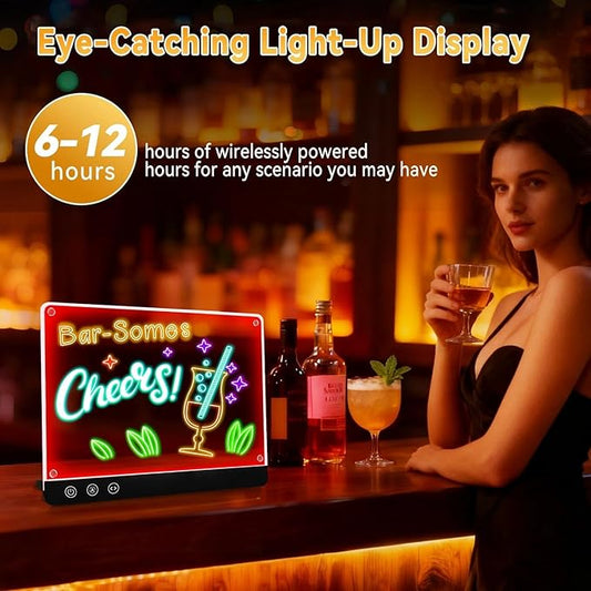 LED Magnetic Rechargeable Note Board, 11.8"x15.7" Large Acrylic Dry Erase Board with 11 Light Modes, Cordless Glowing Message Board with Hanging Chain & Stand, Professional Signage for Office