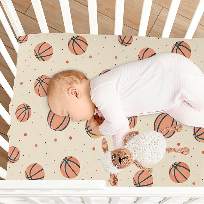 Baby Crib Sheets Fitted Crib Sheet Standard Crib and Toddler Mattress for Boys Girls 39 * 27in Pink Starfish Shell Pattern (Basketballs Dots Pattern, Medium)