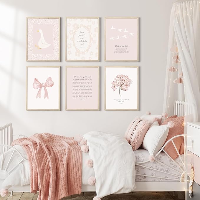 Nursery Christian Wall Art Bible Verse Prints Pink Girl Nursery Room Canvas Wall Decor Coquette Bow Poster Jesus Boho Scripture Pictures Vintage Floral Artwork for Bedroom 8x10x6 Inch Framed