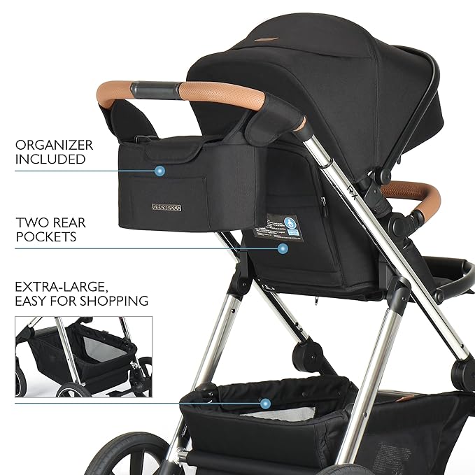 Beberoad Love RX 3-in-1 Baby Stroller, Toddler Stroller, Foldable Infant Stroller, Reversible Toddler Seat with Organizer, Rain Cover, Sunshade & Mosquito 2 in 1 Cover and Large Storage Basket(Black)