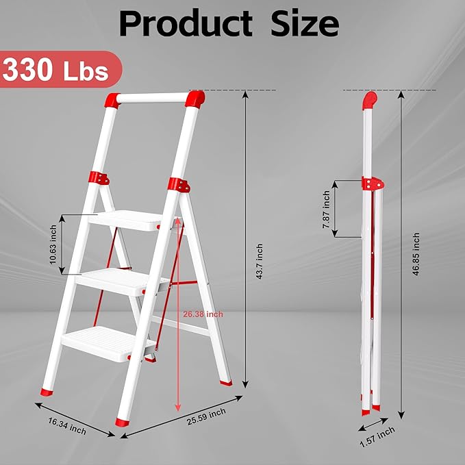 3 Step Ladder, DIAMONDFORGE Folding Step Stool with Wide Anti-Slip Pedal, Anti-Slip Feet and Handgrip, Sturdiest Steel Construction, Steel Ladder for Home, White Red