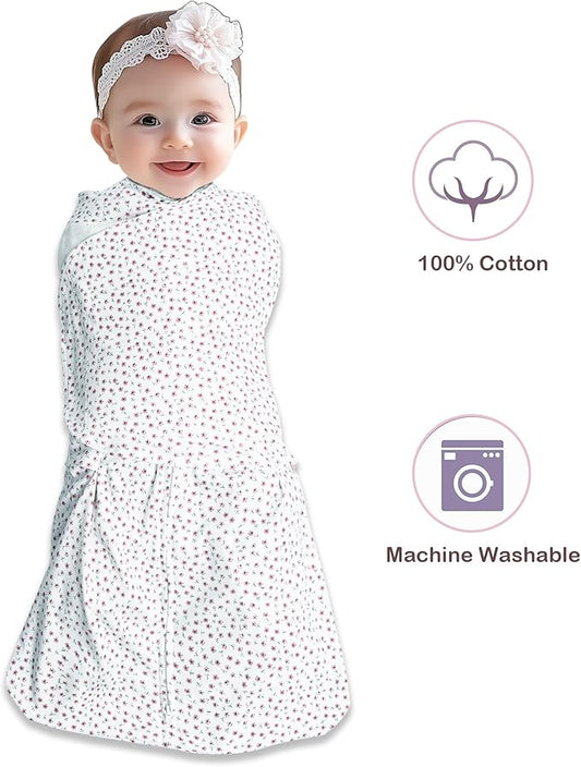 Baby Sleep sack Swaddle,Swaddles 3-6 Months,3-Way Adjustable Wearable Transition Blanket 100% Organic Cotton 2-Piece,12-18 lbs,1.0 TOG(Floret&Cherry)
