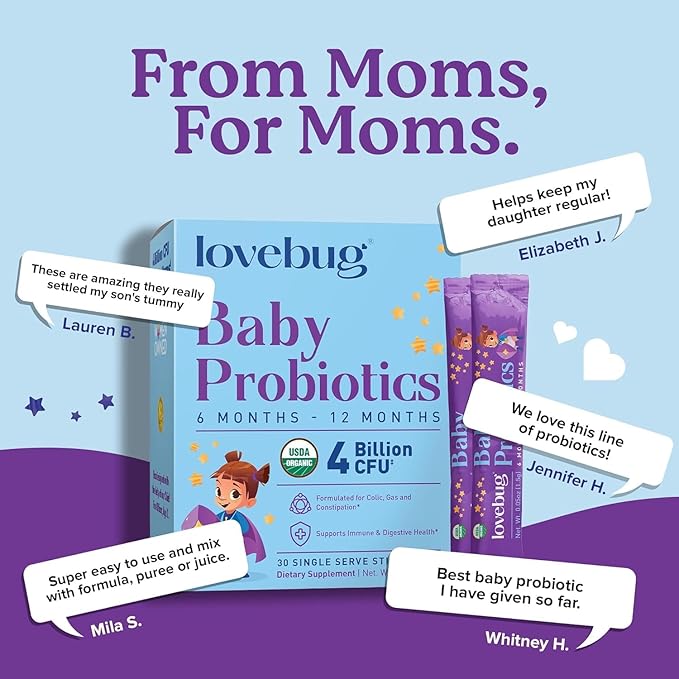 LOVEBUG Probiotics for Babies - Organic Baby Probiotics 6-12 Months for Baby Immune Support, Gas, Colic, Diarrhea & Infant Constipation Relief Sugar-Free, Tasteless Powder, 30 Pack
