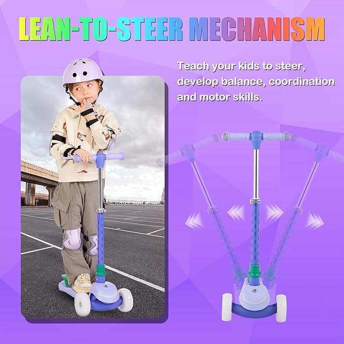 Light-Up Scooter for Kids 3-8,20 Dynamic Light Patterns for Evening Play Safety - Lean-to-Steer Kick Scooter with Adjustable Handlebar (Grows with Child) - Gift for Boys & Girls