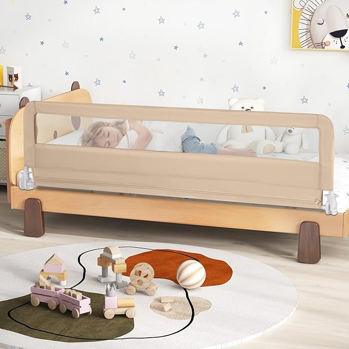 HONEY JOY Bed Rail for Toddlers, 71-in Extra Long, Portable Safety Bed Guardrail w/Double Safety Child Lock, Foldable Baby Bed Rail Guard, Fit King & Queen Full Twin Size Bed Mattress(Beige, Pack 1)