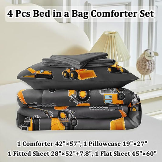 Toddler Bedding Set for Boys - 4-Piece Truck Bedding Comforter Set for Kids, Soft Comfort Construction Vehicle Bedding Includes Flat Sheet, Fitted Sheet, Comforter, Pillowcase