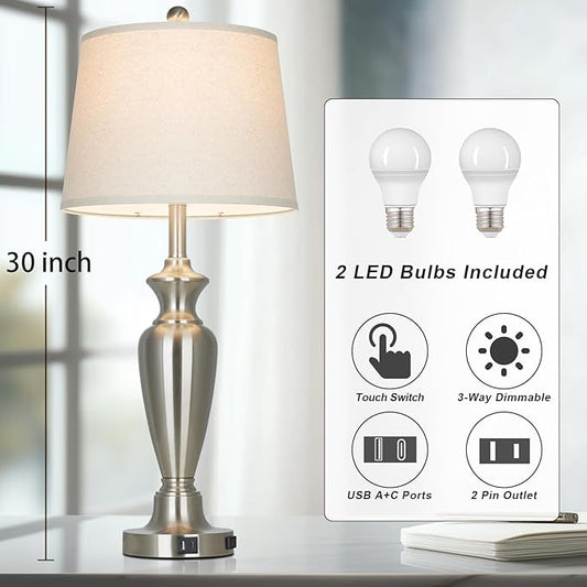 luxeflow 30" Tall Silver Table Lamps Set of 2 for Living Room, Touch Control Bedside Lamps for Nightstand, 3-Way Dimmable Bedroom Table Lamp with USB A+C Ports and AC Outlet (2 LED Bulbs Included)