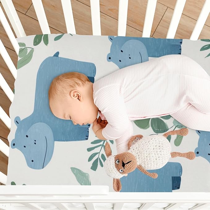 Cute Hippo and Green Leaves Crib Sheets Standard Crib Toddler Mattresses Cover Fitted Baby Bed Sheet Breathable Crib Mattress Sheet for Girls Boys 52" x 28"x5''