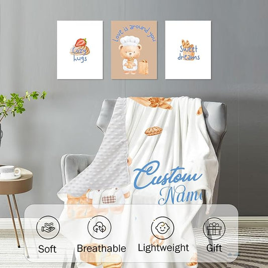 Personalized Crib Bedding Set, Custom Name Baby Bedding 5-Pcs Set - Soft Blanket Fitted Sheet Changing Pad Cover Nursery Rug and Wall Art, Cute Bread Bear Theme Nursery Decor for Newborn Boys Girls