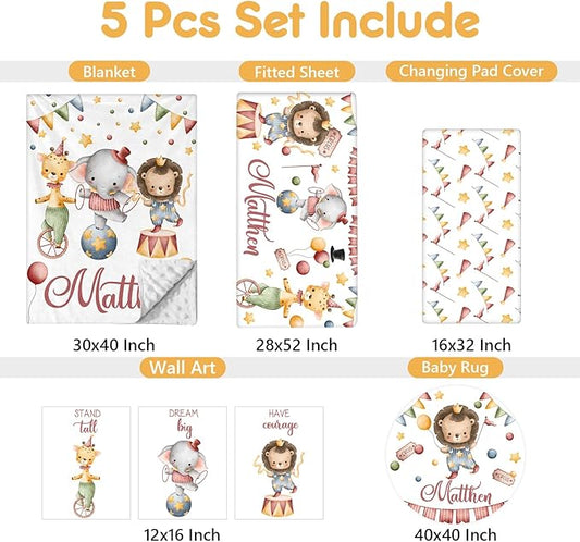 Custom Baby Crib Bedding Set, 5 Pcs Personalized Name Baby Crib Set with Double Layer Blanket, Soft Circus Animals Nursery Bedding Set for Girls Boys, Customized Gifts for Infants Toddlers