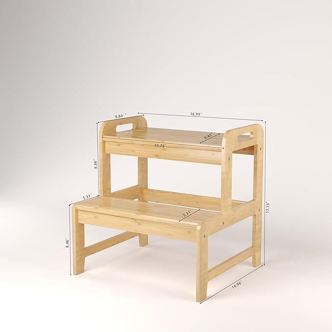 BALANBO Step Stool for Kids Bamboo Toddler Two Steps Stool with Anti-Slip and Handles Stairs 300 lbs Capacity for Bathroom Kitchen Bedroom(Natural)