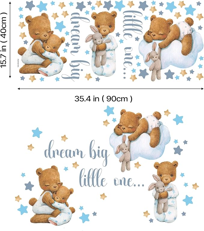 Bear Wall Decals, Baby Boy Room, Teddy Wall Decor, Animal Stickers for Kids Playroom, Toddler Bedroom and Nursery Decoration, Removable Vinyl Decals, Peel and Stick, Easy to Apply