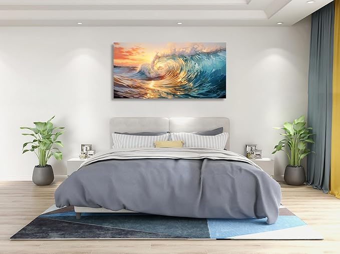 KUNHAAH Wall Art Canvas Painting Big Waves in The Sea 1 Piece Ocean Sunset Huge Waves Nature Picture Poster Print Framed and Stretched Ready to Hang for Living Room Bedroom Artework
