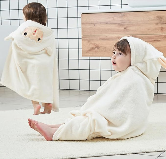 Toddler Bath Towel Baby Towels with Hood 27.5"X55" Ultra Absorbent Soft Bathrobe Blanket Kids Shower Towel for Girls and Boys(White-Goat)
