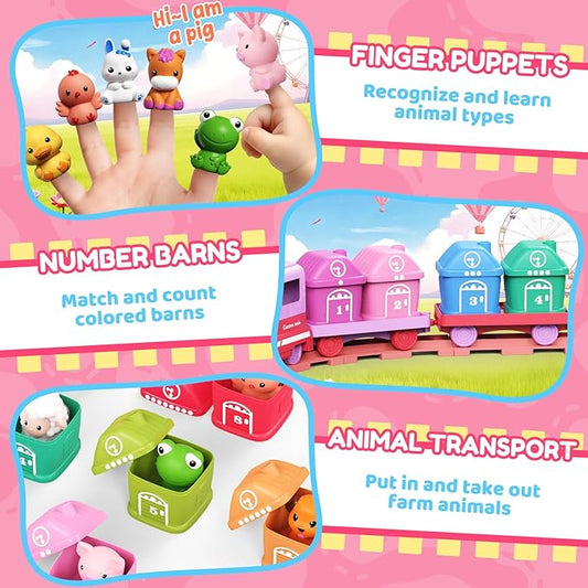 Learning Toys for Toddlers 1 2 3 Year Old,Electric Farm Train Set for Girls 2-4,Counting Matching & Sorting Montessori Train Toy with Farm Animals, Music, Light, Christmas Birthday Gift Baby (Pink)