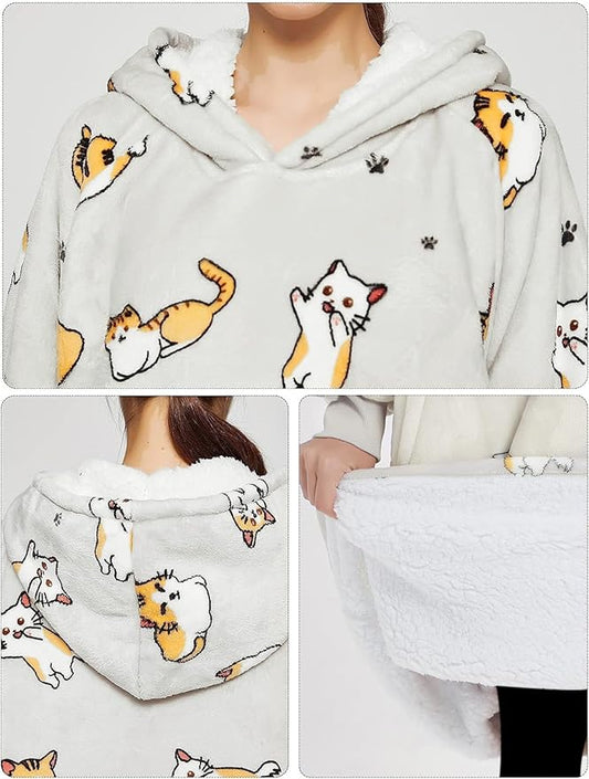 KFUBUO Wearable Blanket Hoodie for Adults Long Sherpa All Patterns Cat Oversized Sweatshirt Blanket with Pockets Birthday Gifts for Women