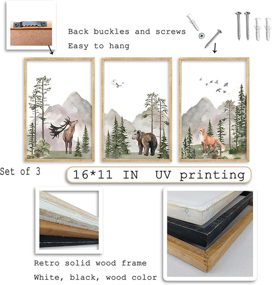 Set Of 3 Wild Woodland Nursery Animals Wall Art Decor 16x11 Inch Safari Foggy Forest Deer Bear Fox Posters Wood Framed Sign Jungle Children's Boys Girls Room Watercolor Prints Hang (Wood)