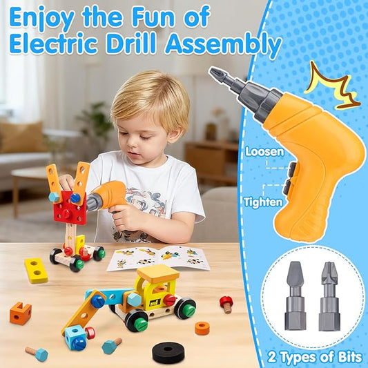 Kids Tool Set Toy for Boys - Educational Montessori Wooden Toddler Play Tool Box with Electric Drill - 59 Pcs STEM Construction Building Toys Christmas Birthday Gifts for 3 4 5 6 Year Old Boys Girls