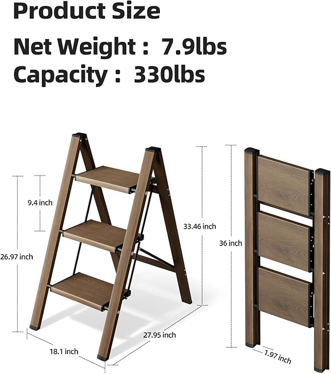 HillhutApex 3 Step Stool, Aluminum Foldable Step Ladder, Lightweight Stable Stool with Wide Non-Slip Pedals, 330lbs Bearing Capacity Ladder for Office,Home,Kitchen - Walnut