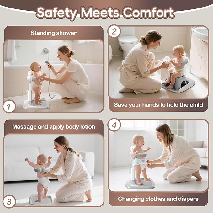 Baby Bath Stand, Free-Standing Anti-Slip Baby Bath Support, Toddler Bathing Aid Standing Frame, No-Drill Foldable Bath Anti-Slip Helper, Saves Mom's Back,Ideal Gift for Infants 6-36 Months