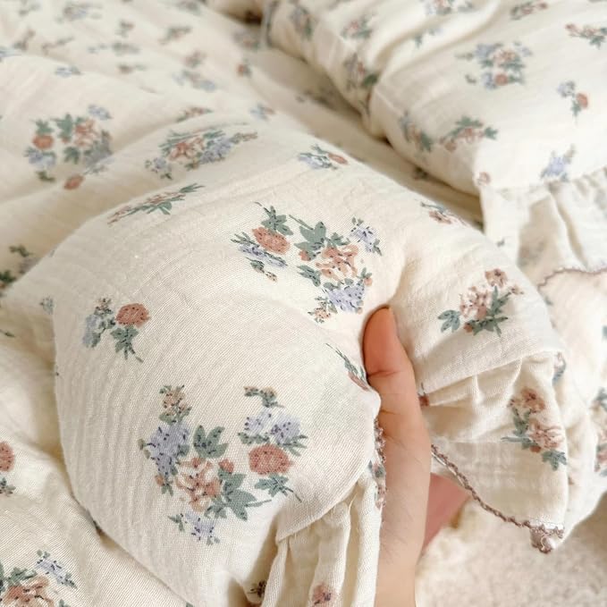 BuLuTu Muslin Floral Duvet Cover for Toddler Girls, Chic Shabby Aesthetic Kids Duvet Covers with Ruffles, All Seasons Gauze Cotton Toddler Bed Comforter Cover with Zipper, 47"x59", No Pillowcases