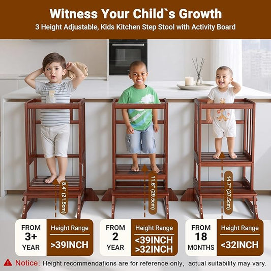 COSYLAND Toddler Step Stool Height Adjustable – Portable Kids Kitchen Stool Helper with Stabilizing Base Block – Toddler Standing Tower for Bathroom Kitchen Living Room Dining Room (Brown)