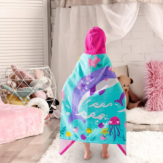 VOOVA & MOVAS Kids Hooded Beach Towels (3-8Years, 30''X50) | 100% Cotton | Large Soft Thick Absorbent Wrap Blanket | Ideal for Beach, Pool, Bath | Pink Whale