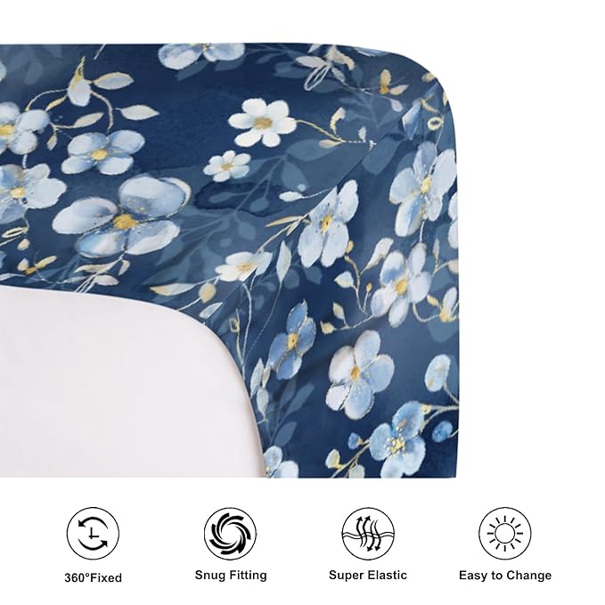 Wonderful Flowers Baby Crib Sheets for Boy Girl 52"x28" Navy White Wild Flowers Leaves Crib Mattress Covers Soft Breathable Boho Spring Garden Baby Sheets for Standard Crib and Toddler Bed Mattress