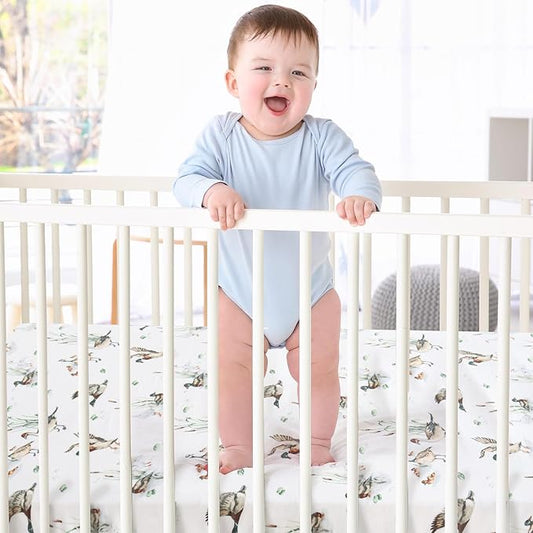 LifeTree Crib Sheets for Baby Unisex - Muslin Fitted Crib Sheets Toddler Bed Sheet, 70% Viscose from Bamboo and 30% Cotton, Fits Standard Crib, Mallard Duck, 28in x 52in