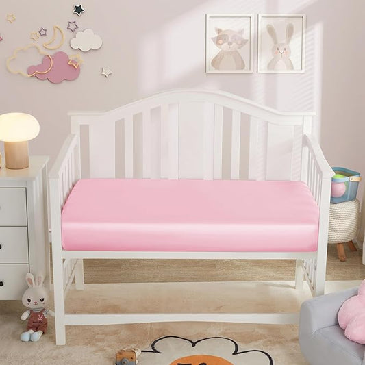 Horbaunal 2 Pack Satin Crib Sheets for Baby, 52" x 28" x 8" Silky Fitted Crib Sheets, Soft Toddler Sheet Baby Mattress Sheet, Blush Pink & White