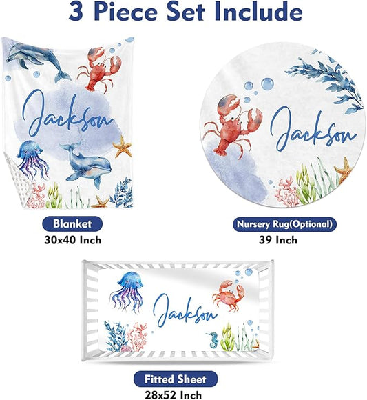 Custom Baby Crib Bedding Set, Personalized Name Marine Animals Theme Crib Set 3 Pcs, Soft Double Layer Blanket, Crib Sheet & Room Rug, Ideal Nursery Decor Gift for Baby Girls Boys