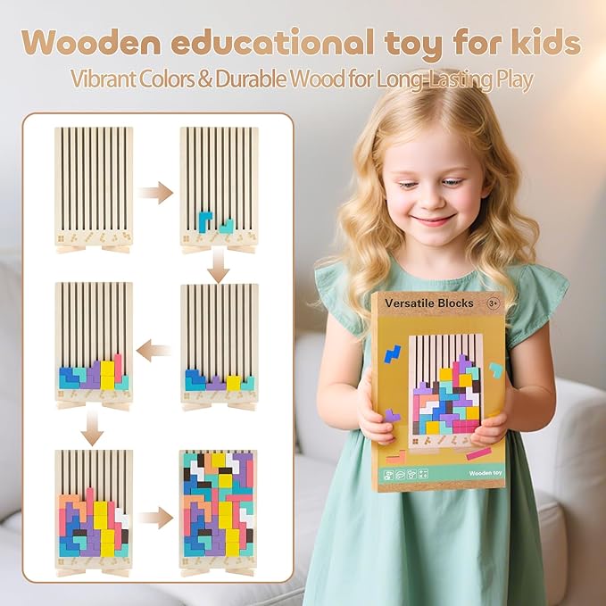 Wooden Montessori Russian Blocks Puzzle, 3D Stacking Brain Teaser Toy, Colorful Block Jigsaw Board Game, Educational Wooden Puzzle for Toddlers and Kids Ages 3–6, Learning Gift for Boys & Girls