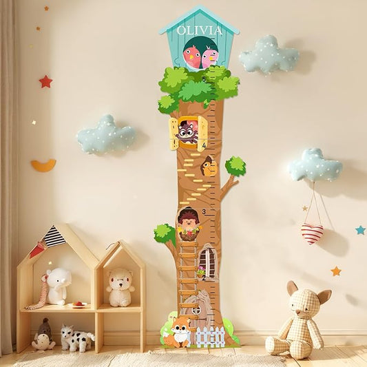 Woodemon Personalized Wooden Growth Chart, Tree House Animals Height Chart for Kids Room, Wood Kids Measuring Chart, Nursery Growth Chart Ruler Measuring Board for Boys Girls
